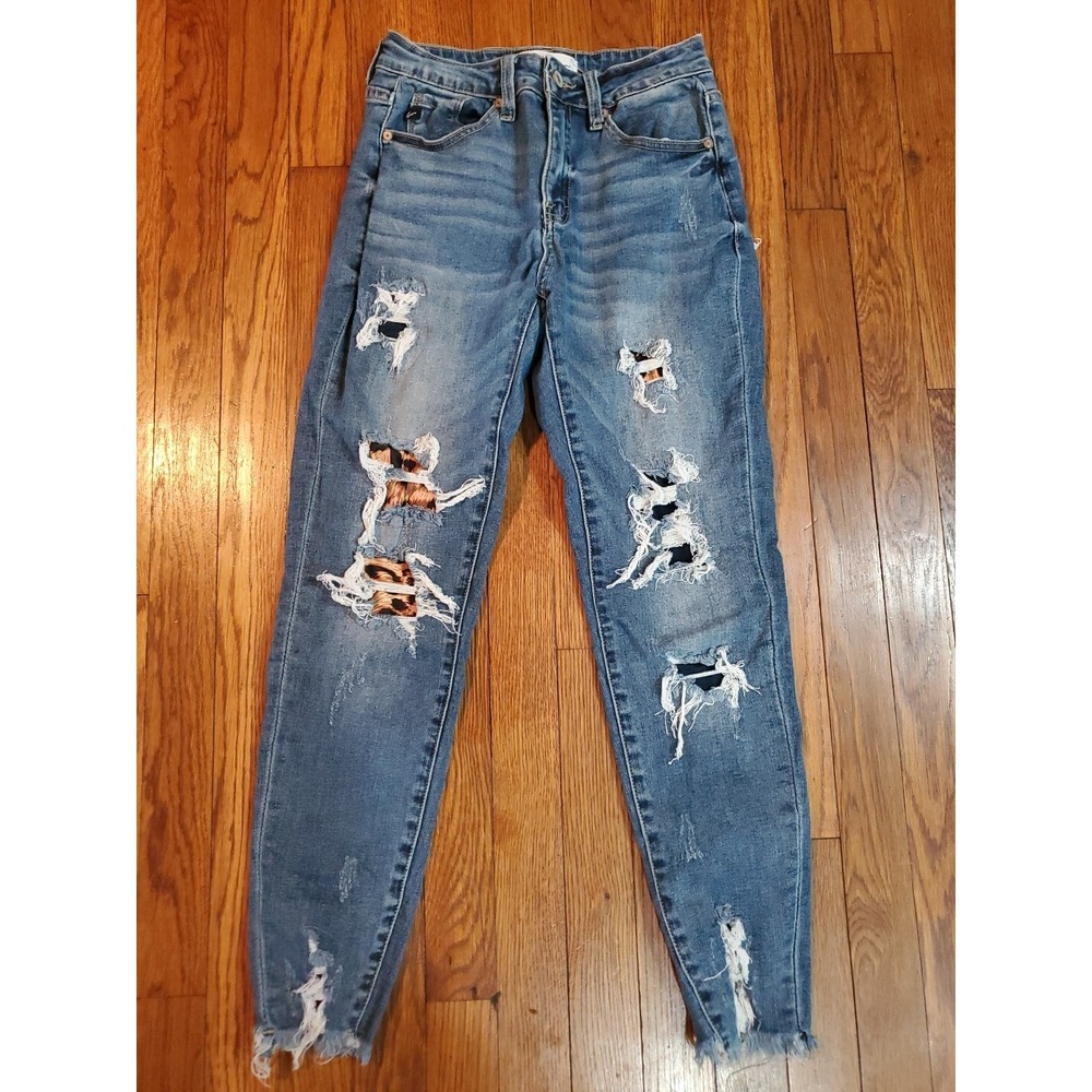 KanCan Distressed Leopard Peekaboo Skinny Jeans Medium fade wash Fray Hem 3 / 25